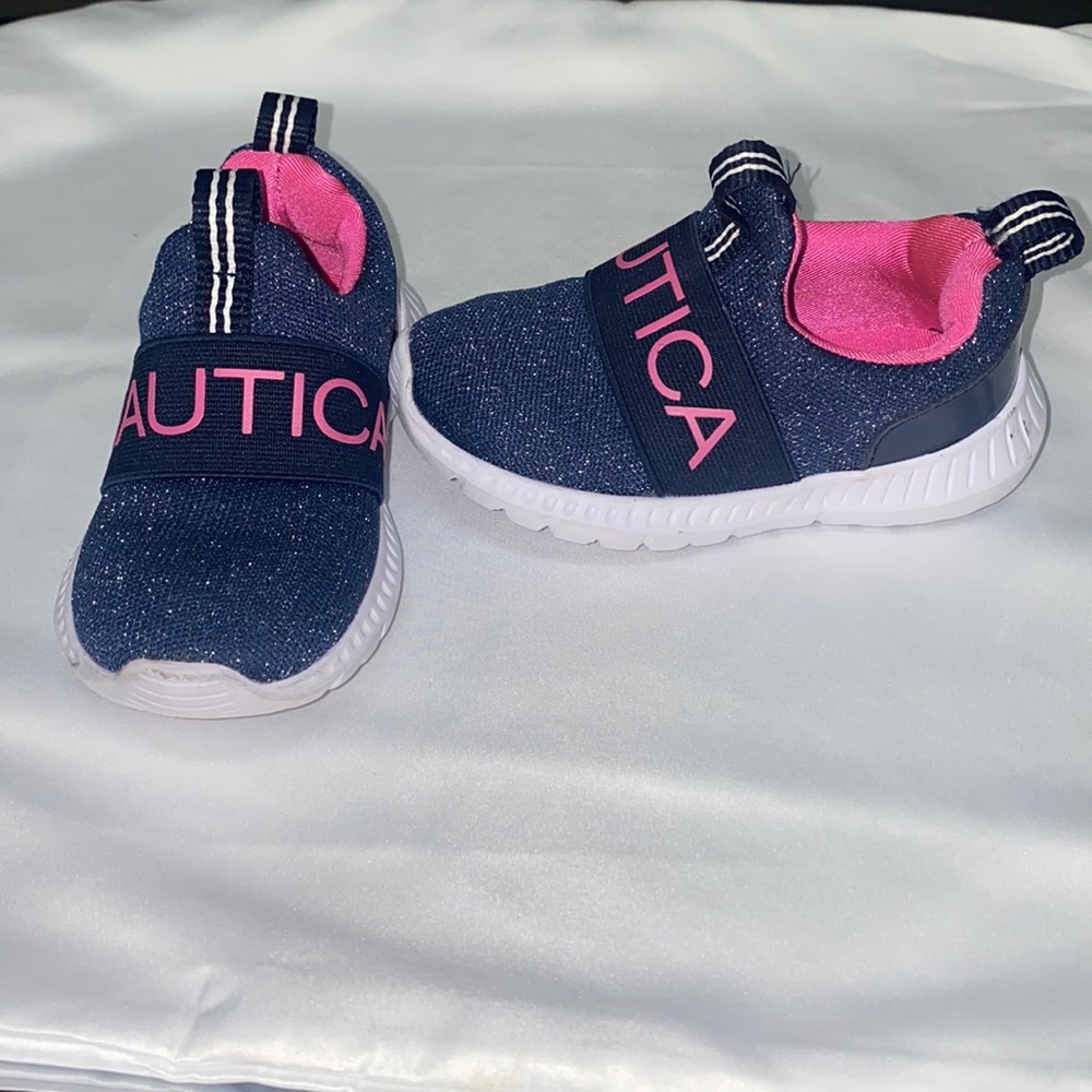 Little girls Nautica blue, pink silver sparkles shoes.